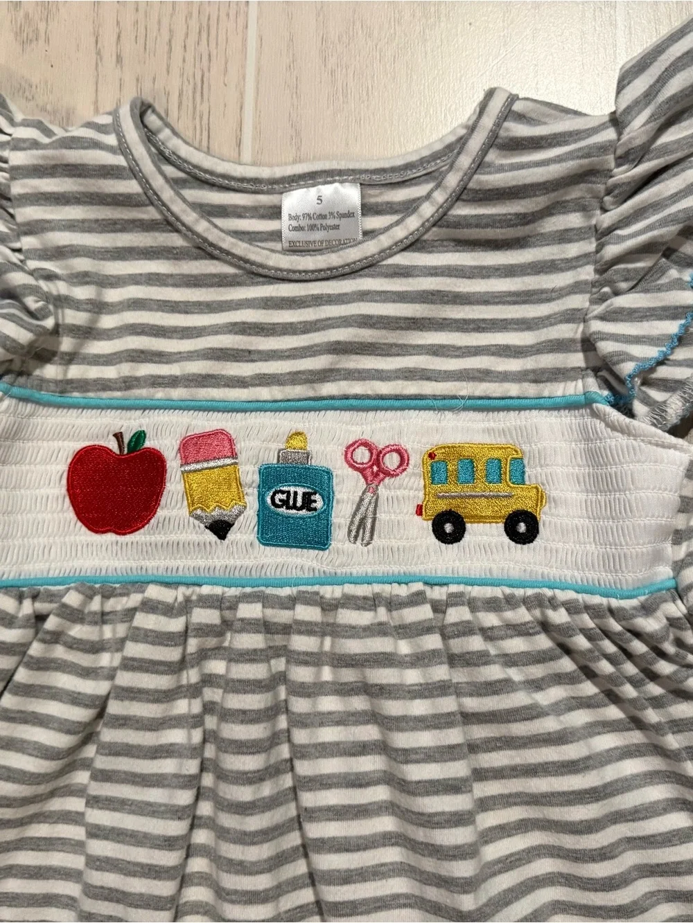 Boutique Girls 5 Gray Stripe Smocked School Dress
